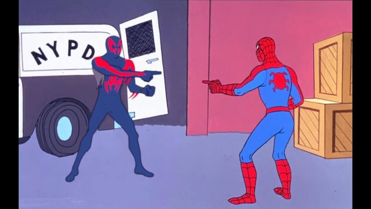 Recriação do clássico meme em Homem-Aranha no Aranhaverso