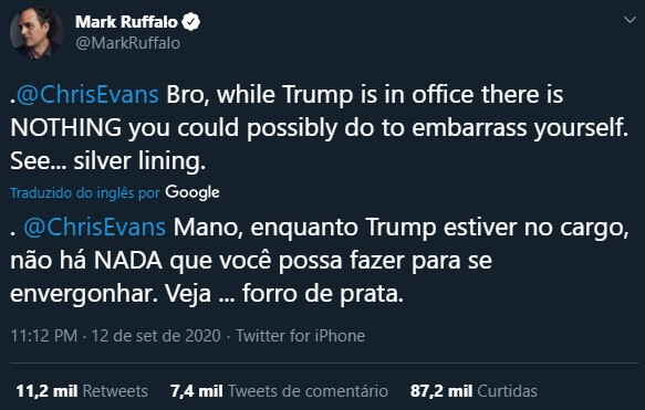 Mark Ruffalo defende Chris Evans, colega de Vingadores.