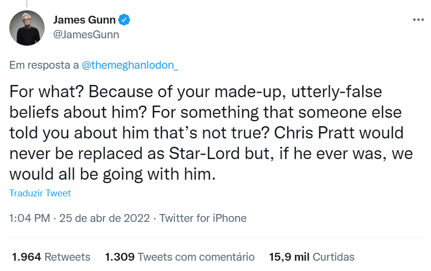 James Gunn defende Pratt no Twitter.