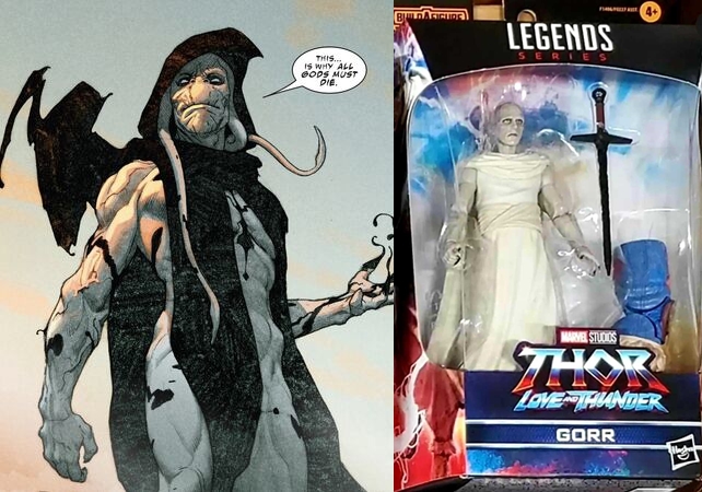 Visual do Gorr em Thor 4 e nos quadrinhos da Marvel.