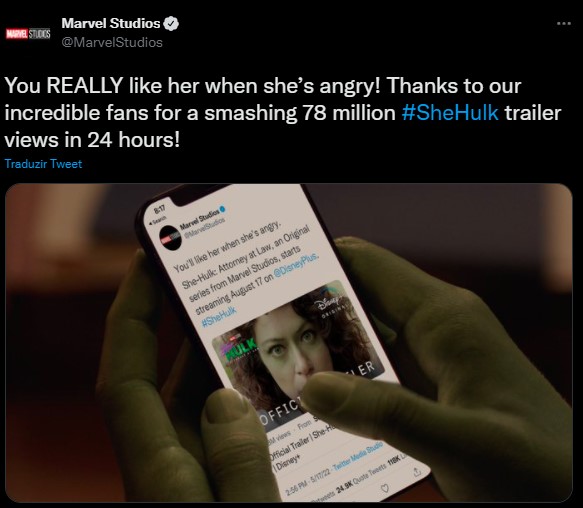 Tweet da Marvel celebra visualizações do trailer de Mulher-Hulk