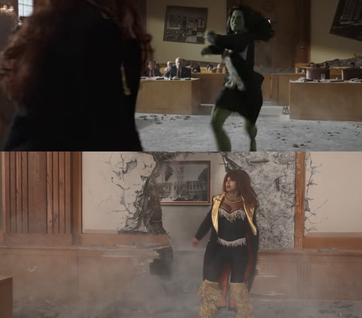 Mulher-Hulk enfrenta a Titânia no trailer.