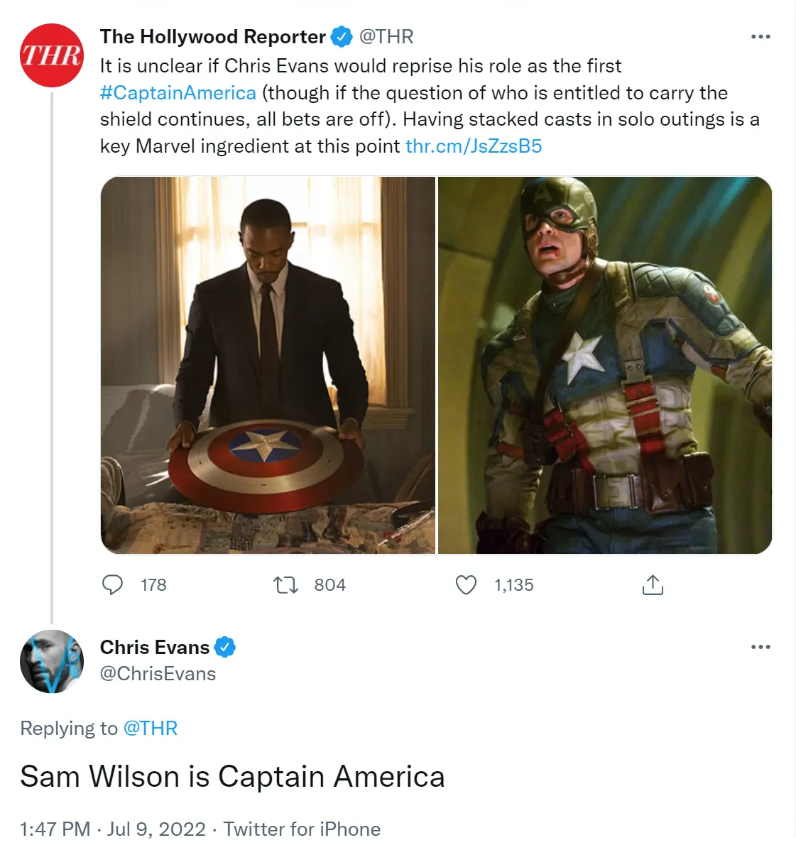 Chris Evans defende Anthony Mackie como novo Capitão América.
