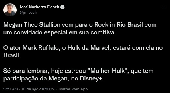 Notícia da vinda do Mark Ruffalo para o Brasil