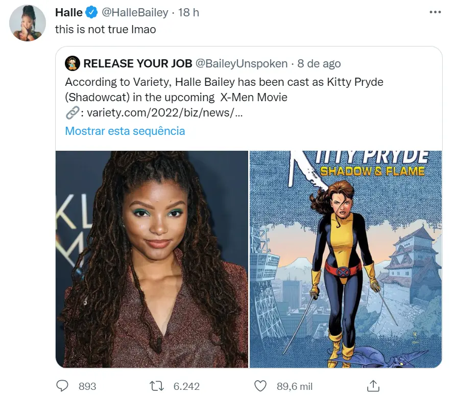 Halle Bailey nega papel em novo filme dos X-Men.