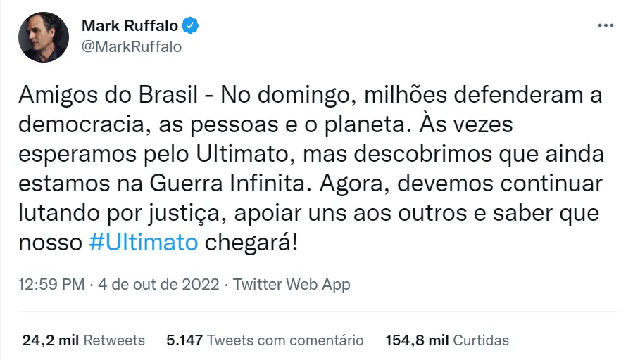 Mark Ruffalo defende eleição de Lula fazendo referência a Vingadores.