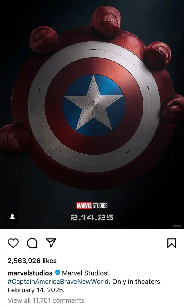 Postagem de Capitão América 4 no Instagram da Marvel Studios