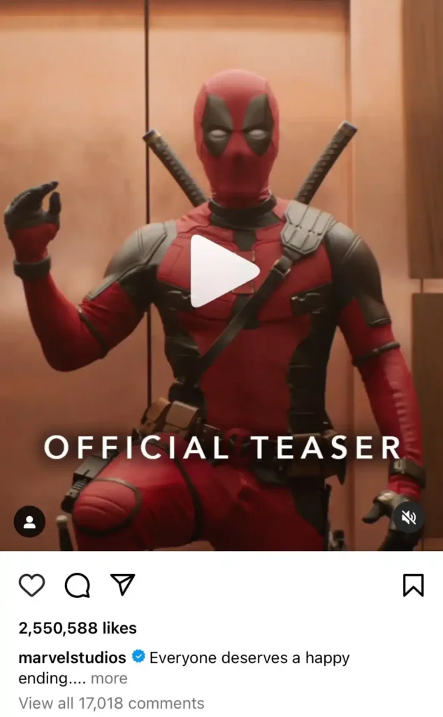Postagem de Deadpool & Wolverine no Instagram da Marvel Studios