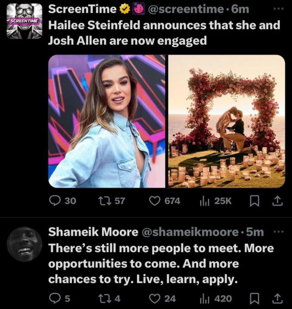 Reação de Shameik Moore ao noivado de Hailee Steinfeld