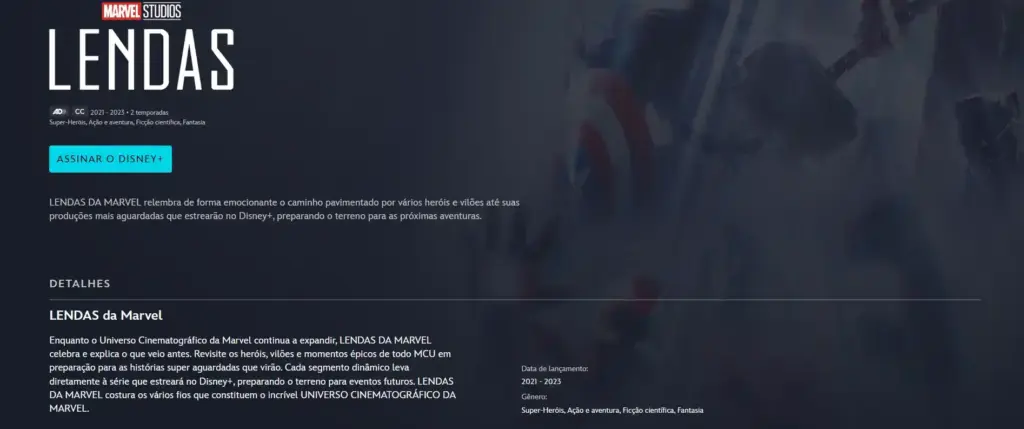 Página de Lendas da Marvel no Disney+