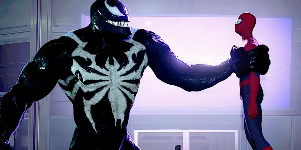 Venom do jogo segurando o Homem Aranha