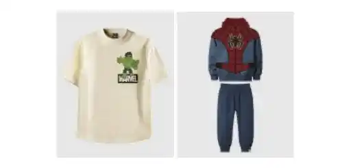 Peças de roupas de clássicos heróis Hulk e Spidey na versão mirim