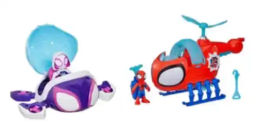 Os personagens da Marvel aparecem em versões mirins em brinquedos, como na Tartaruga da Aranha Fantasma e o Helicóptero do Spidey